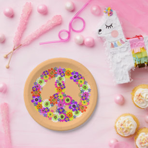 Friedensschild Floral in Peach Pappteller