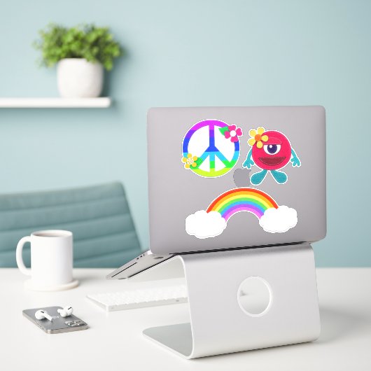 Friedensschild Regenbogen und Niedliches Monster Aufkleber (Laptop auf Schreibtisch)