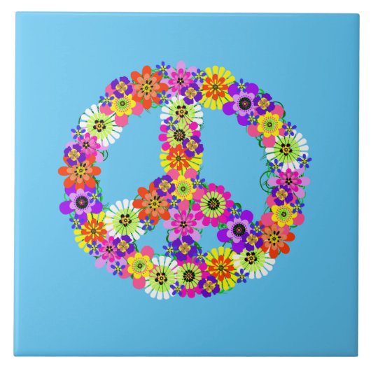 Friedenszeichen Blumen auf Hellblau Fliese (Vorderseite)