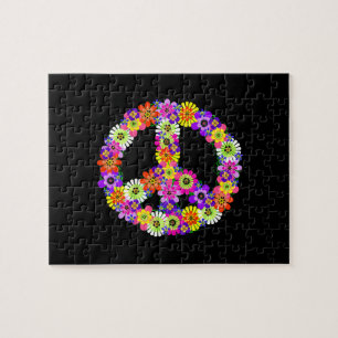 Friedenszeichen-Blumen auf Schwarz Puzzle