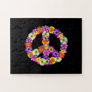 Friedenszeichen-Blumen auf Schwarz Puzzle