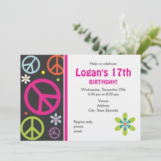 Friedenszeichen Geburtstag Einladung - Tee (Stehend Vorderseite)