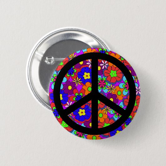 Friedenszeichen-Hippy Blumen Retro Button (Vorne & Hinten)