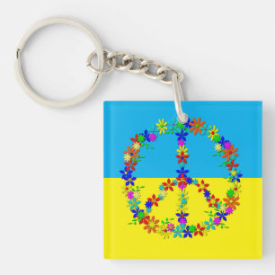 Friedenszeichen mit Blume, ukrainische Fahne Schlüsselanhänger