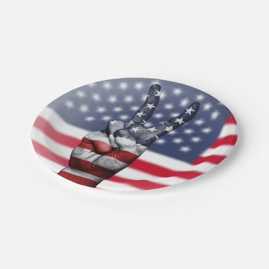 Friedenszeichen mit US-Flagge Pappteller (Schrägansicht)