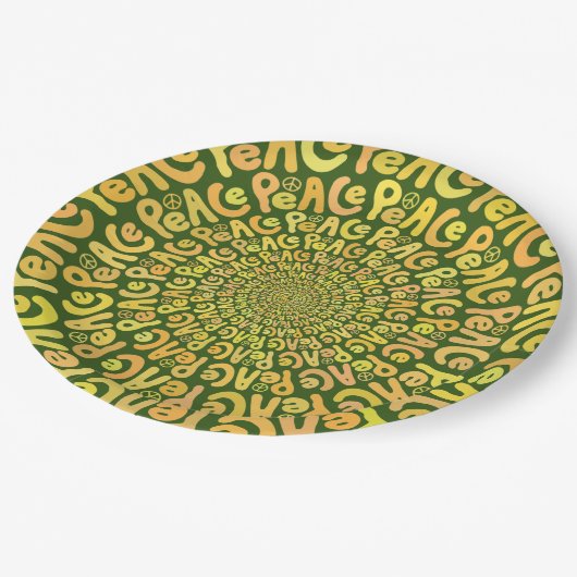 Friedenszeichen Spiralgelb, dunkelgrün Pappteller (Schrägansicht)