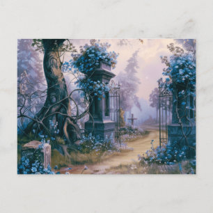Friedhof Graveyard Blue Floral Schönes Halloween Feiertagspostkarte