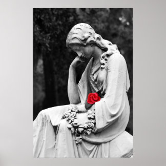 Friedhof Statue B&W mit Farbfarbe Rose Poster