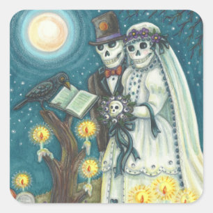 FRIEDHOF VOWS, SKELETON WEDD, BRIDE UND GROOM QUADRATISCHER AUFKLEBER