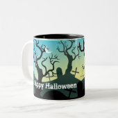 Friedhofstern, schwarz, aqua, gelb, Halloween-Brau Zweifarbige Tasse (Vorderseite Links)