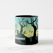 Friedhofstern, schwarz, aqua, gelb, Halloween-Brau Zweifarbige Tasse (Mittel)