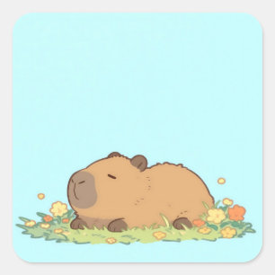 Friedlich schlummernder Capybara auf Blumenwiese Quadratischer Aufkleber