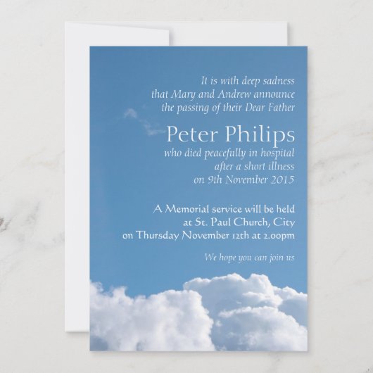 Friedlich Sky 1 Beerdigung Einladung (Rückseite)