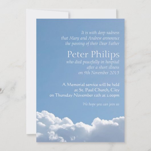 Friedlich Sky 3 Beerdigung Einladung (Rückseite)