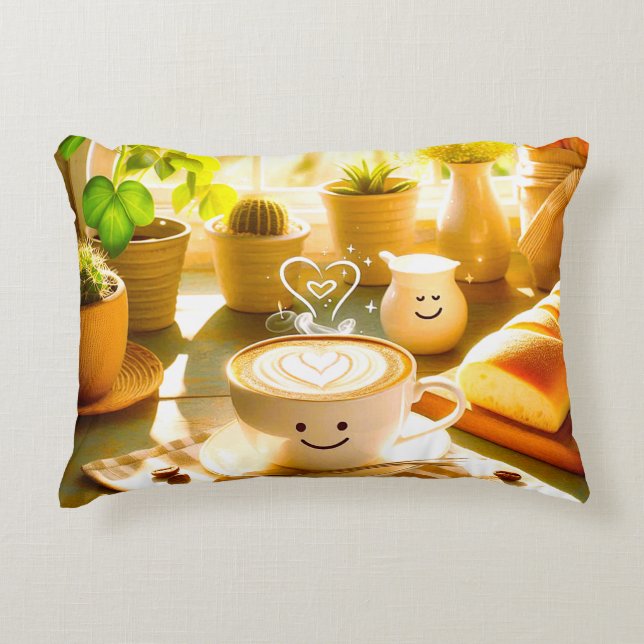 Friedlich und herzerwärmend Cappuccino Morgens Dekokissen (Vorderseite)