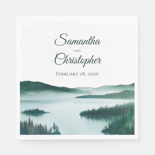 Friedliche Aquarell-Bergsee-Rustikale Hochzeit Serviette (Vorderseite)