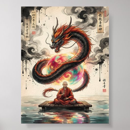 Friedliche Begegnung: Mönch und himmlischer Drache Poster (Vorne)