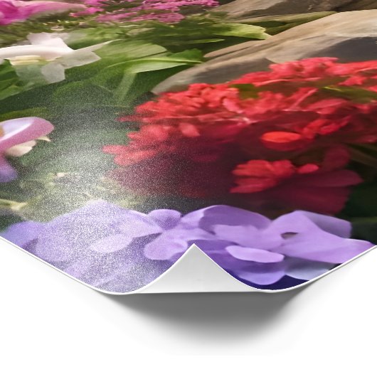 Friedliche Bergkabinen Wasserfälle Blume Fotodruck (Ecke)