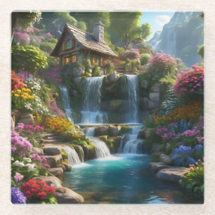 Friedliche Bergkabinen Wasserfälle Blume Glasuntersetzer