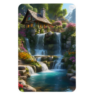 Friedliche Bergkabinen Wasserfälle Blume Magnet