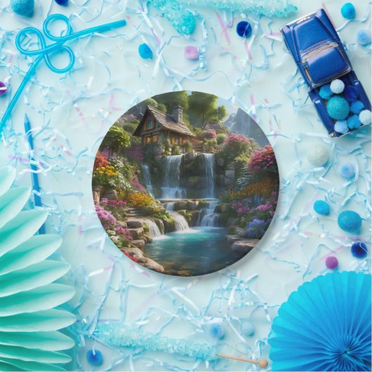 Friedliche Bergkabinen Wasserfälle Blume Pappteller (Party)