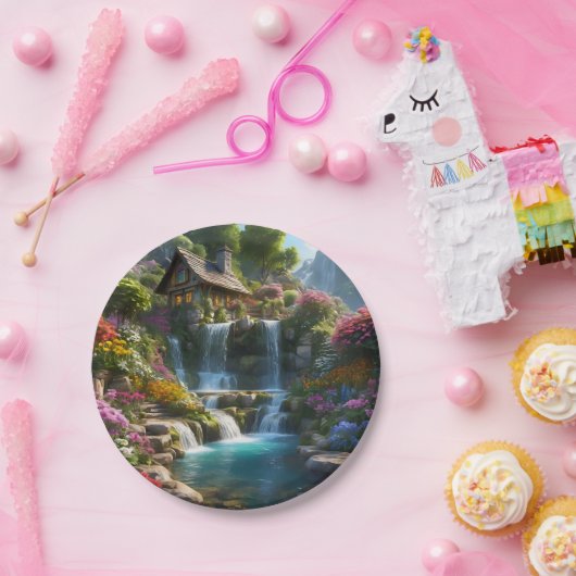 Friedliche Bergkabinen Wasserfälle Blume Pappteller (Party)