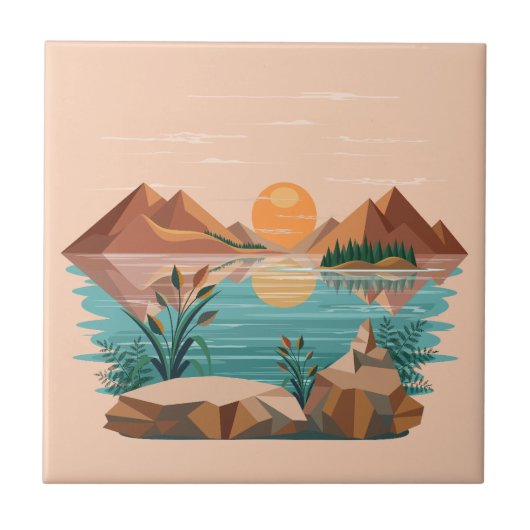 Friedliche Bergsee-Sonnenuntergangslandschaft Fliese (Vorderseite)