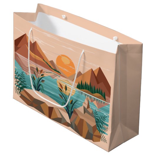 Friedliche Bergsee-Sonnenuntergangslandschaft Große Geschenktüte (Vorderseite Schrägansicht)