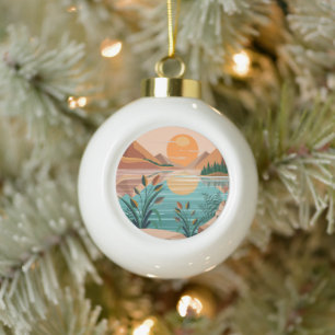 Friedliche Bergsee-Sonnenuntergangslandschaft Keramik Kugel-Ornament