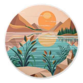 Friedliche Bergsee-Sonnenuntergangslandschaft Keramikknauf