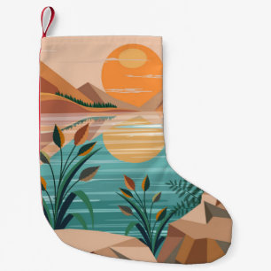 Friedliche Bergsee-Sonnenuntergangslandschaft Kleiner Weihnachtsstrumpf