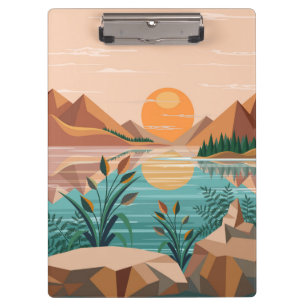 Friedliche Bergsee-Sonnenuntergangslandschaft Klemmbrett