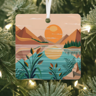 Friedliche Bergsee-Sonnenuntergangslandschaft Ornament Aus Metall