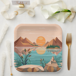 Friedliche Bergsee-Sonnenuntergangslandschaft Pappteller