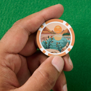 Friedliche Bergsee-Sonnenuntergangslandschaft Pokerchips