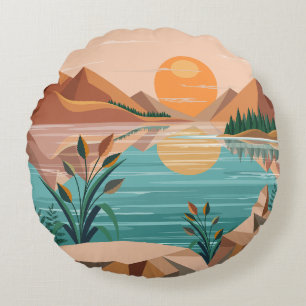 Friedliche Bergsee-Sonnenuntergangslandschaft Rundes Kissen