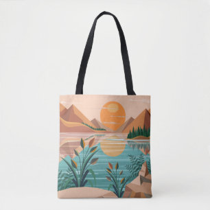 Friedliche Bergsee-Sonnenuntergangslandschaft Tasche