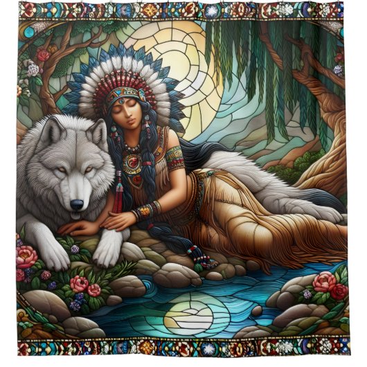 Friedliche Bindung: Mutterin und Wolf Duschvorhang (Vorderseite)