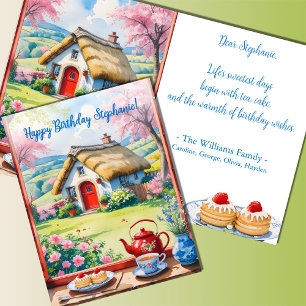 Friedliche Cottage-Ansicht Blumen Tee Kuchen Gebur Karte