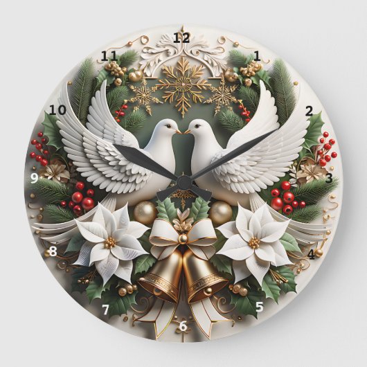 Friedliche Doves Poinsettias Elegante Weihnachtsma Große Wanduhr (Vorderseite)
