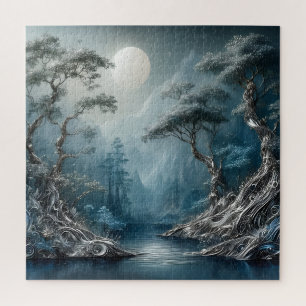 Friedliche Fantasy-Waldlandschaft am Bergsee Puzzle