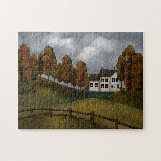 Friedliche Landschaft Saltbox House Hügel Bäume Puzzle (Horizontal)