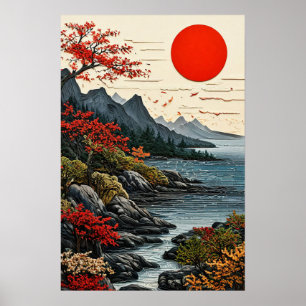 Friedliche Landschaftsdekoration Berge und Wald Poster
