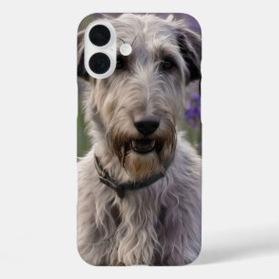 Friedliche Majestät: Wolfshund auf violettem Iris- iPhone 16 Plus Hülle