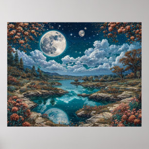 Friedliche nächtliche Landschaft mit Vollmond Poster