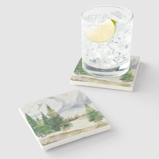 Friedliche Natur im Aquarellwald Steinuntersetzer (Seitenansicht)