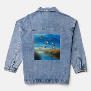Friedliche Natur-Seelandschaft mit fliegendem Kran Jeansjacke