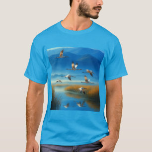 Friedliche Natur-Seelandschaft mit fliegendem Kran T-Shirt