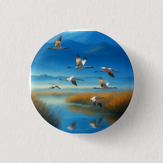 Friedliche Naturseelandschaft mit fliegendem Krani Button (Vorderseite)