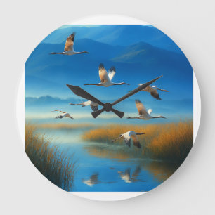 Friedliche Naturseelandschaft mit fliegenden Krani Große Wanduhr